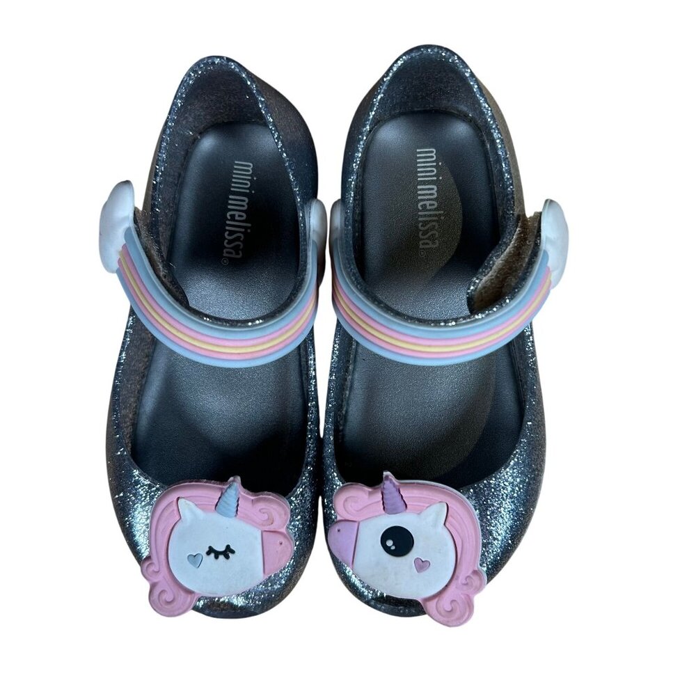 Mini Melissa Girl's Silver Unicorn Flat Mary Jane Shoes Size US 8
